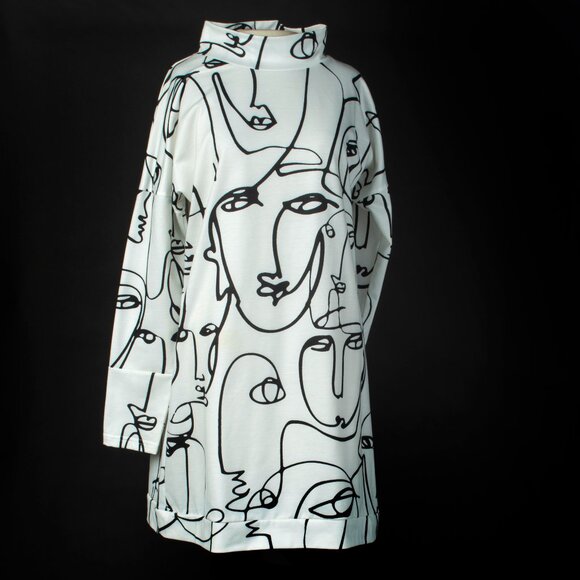 Dresses & Skirts - Long Sleeves Tunic Dress White with Black Line Drawing Faces Arty Whimsical